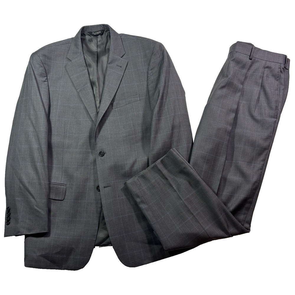 mens gray windowpane Jos A Bank 2pc Pant Suit signature‎ collection wool 43L 44L